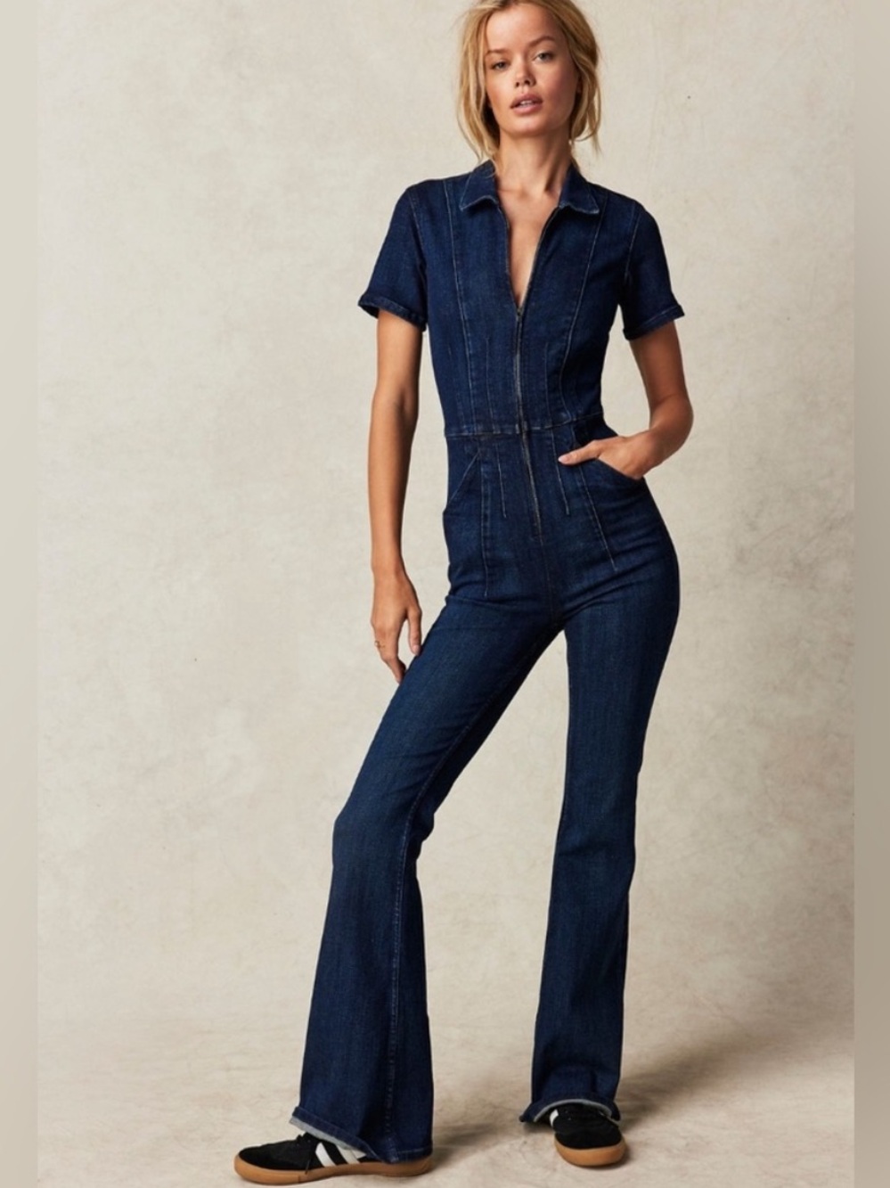 Free People We The Free Jayde Dark Blue Denim Flare Jumpsuit